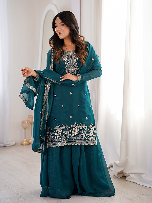 Teal Blue Embroidery Sequence Work Crunchy Silk Kurti Sharara With Dupatta