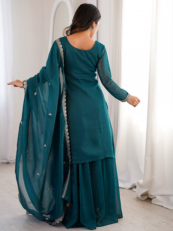 Teal Blue Embroidery Sequence Work Crunchy Silk Kurti Sharara With Dupatta
