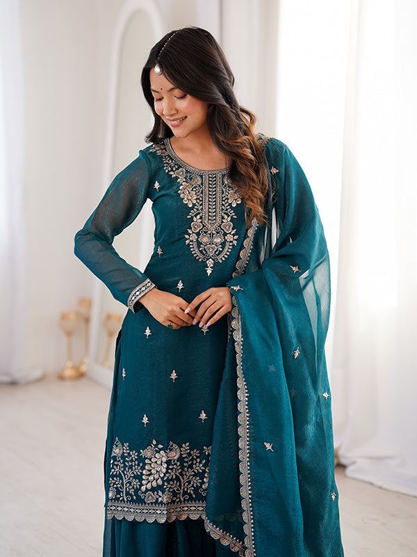 Teal Blue Embroidery Sequence Work Crunchy Silk Kurti Sharara With Dupatta