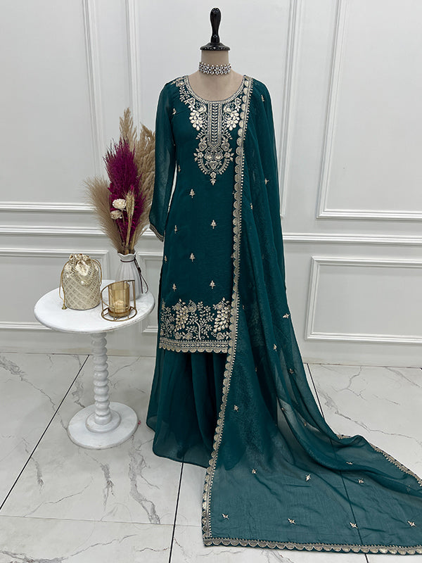 Teal Blue Embroidery Sequence Work Crunchy Silk Kurti Sharara With Dupatta