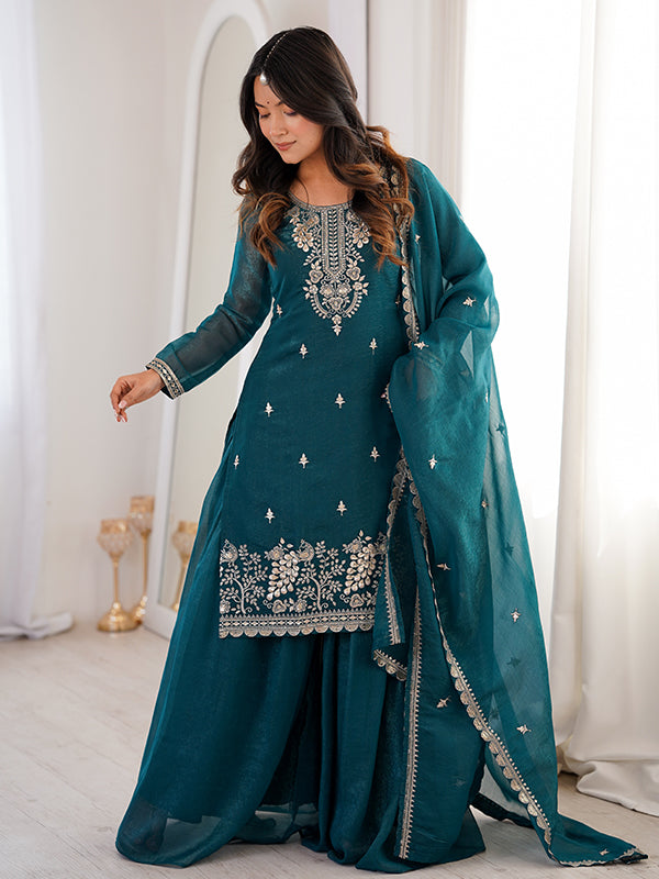 Teal Blue Embroidery Sequence Work Crunchy Silk Kurti Sharara With Dupatta