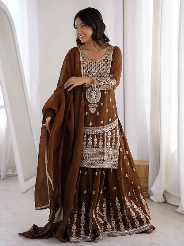 Brown Embroidery Jari Work Crunchy Silk Kurti Sharara With Dupatta