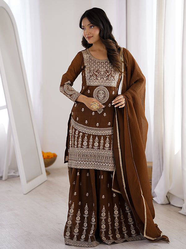 Brown Embroidery Jari Work Crunchy Silk Kurti Sharara With Dupatta