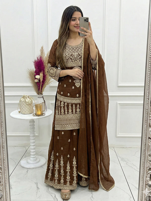 Brown Embroidery Jari Work Crunchy Silk Kurti Sharara With Dupatta