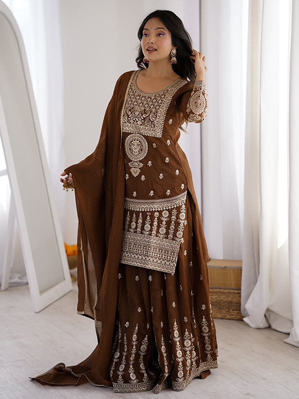 Brown Embroidery Jari Work Crunchy Silk Kurti Sharara With Dupatta