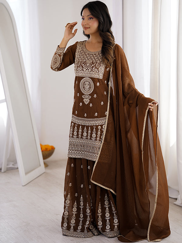 Brown Embroidery Jari Work Crunchy Silk Kurti Sharara With Dupatta