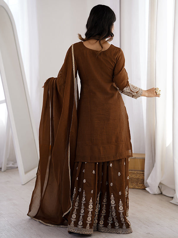 Brown Embroidery Jari Work Crunchy Silk Kurti Sharara With Dupatta