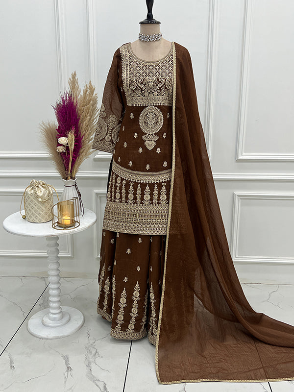 Brown Embroidery Jari Work Crunchy Silk Kurti Sharara With Dupatta