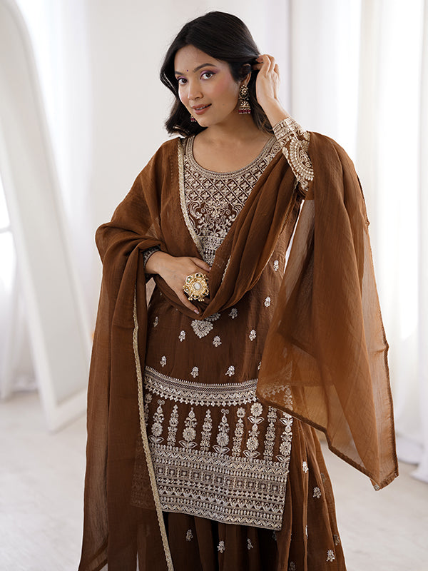 Brown Embroidery Jari Work Crunchy Silk Kurti Sharara With Dupatta