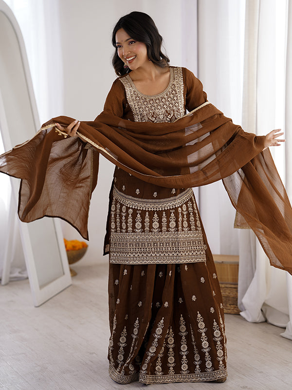 Brown Embroidery Jari Work Crunchy Silk Kurti Sharara With Dupatta
