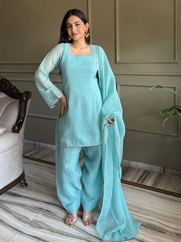 Sky Blue Siroski Work Crunchy Silk Farshi Salwar Suit