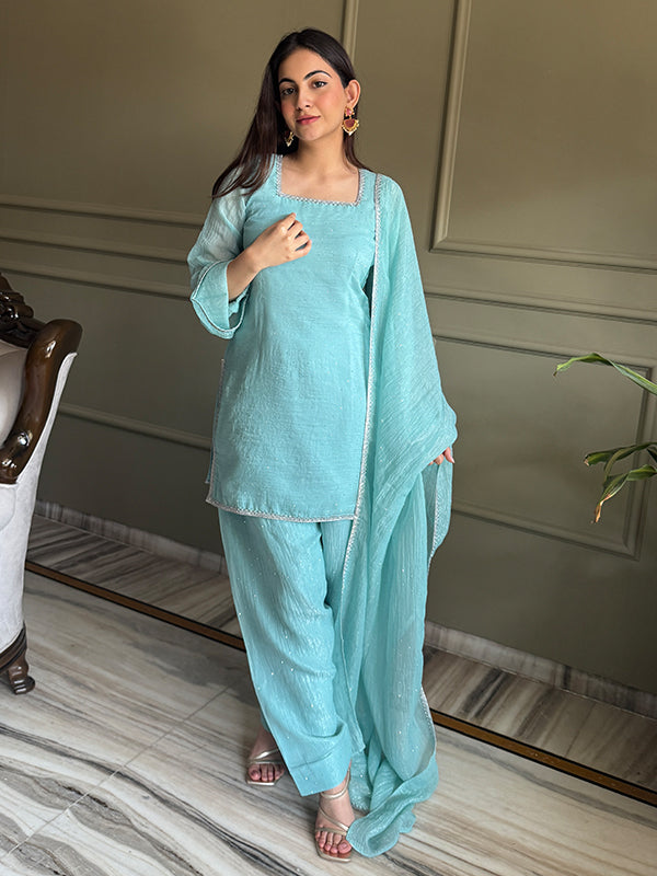 Sky Blue Siroski Work Crunchy Silk Farshi Salwar Suit