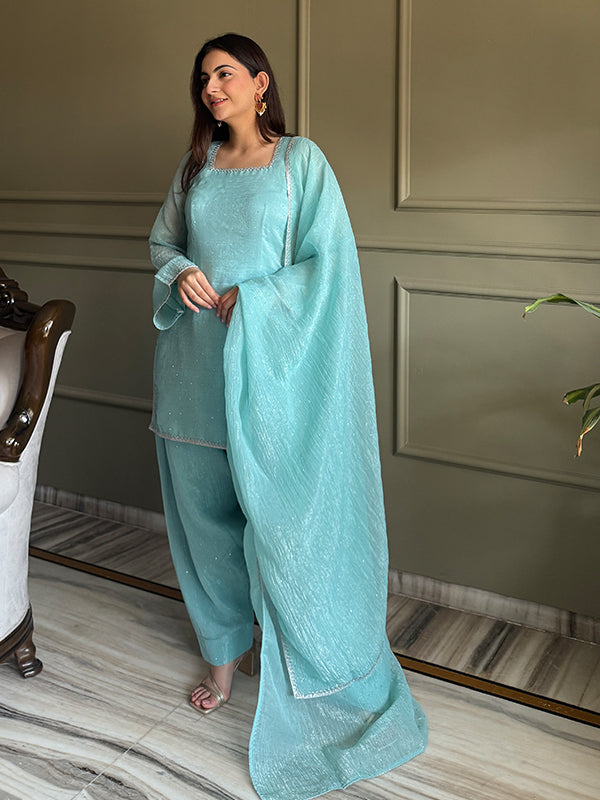 Sky Blue Siroski Work Crunchy Silk Farshi Salwar Suit