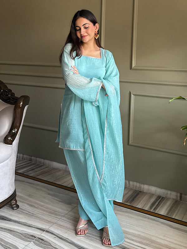 Sky Blue Siroski Work Crunchy Silk Farshi Salwar Suit