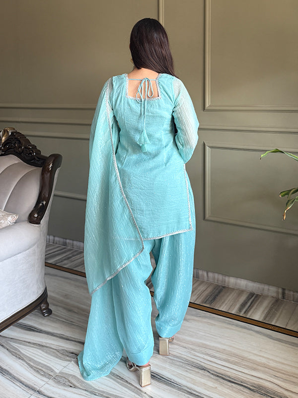 Sky Blue Siroski Work Crunchy Silk Farshi Salwar Suit