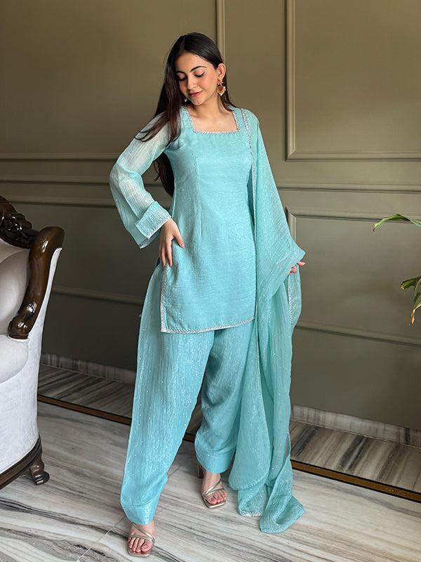 Sky Blue Siroski Work Crunchy Silk Farshi Salwar Suit