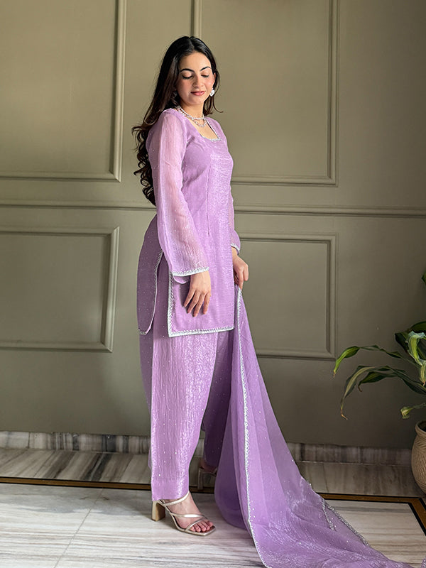 Lavender Siroski Work Crunchy Silk Farshi Salwar Suit