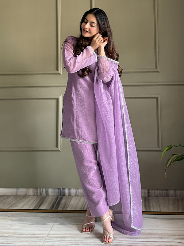Lavender Siroski Work Crunchy Silk Farshi Salwar Suit