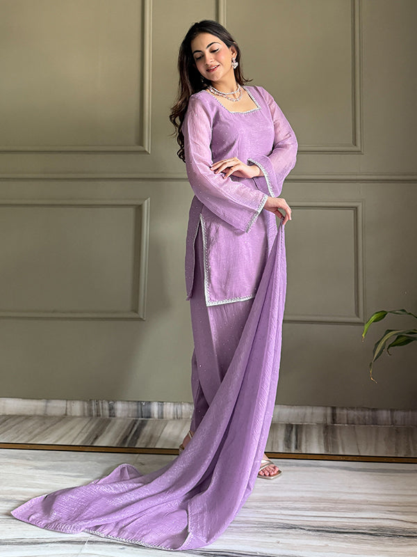 Lavender Siroski Work Crunchy Silk Farshi Salwar Suit