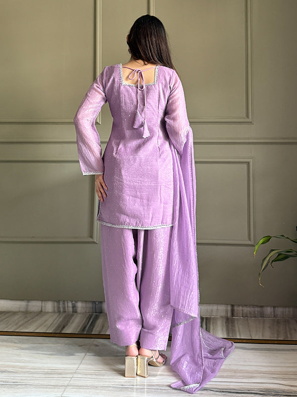 Lavender Siroski Work Crunchy Silk Farshi Salwar Suit