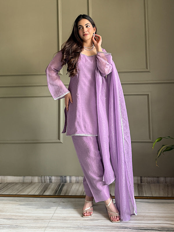 Lavender Siroski Work Crunchy Silk Farshi Salwar Suit