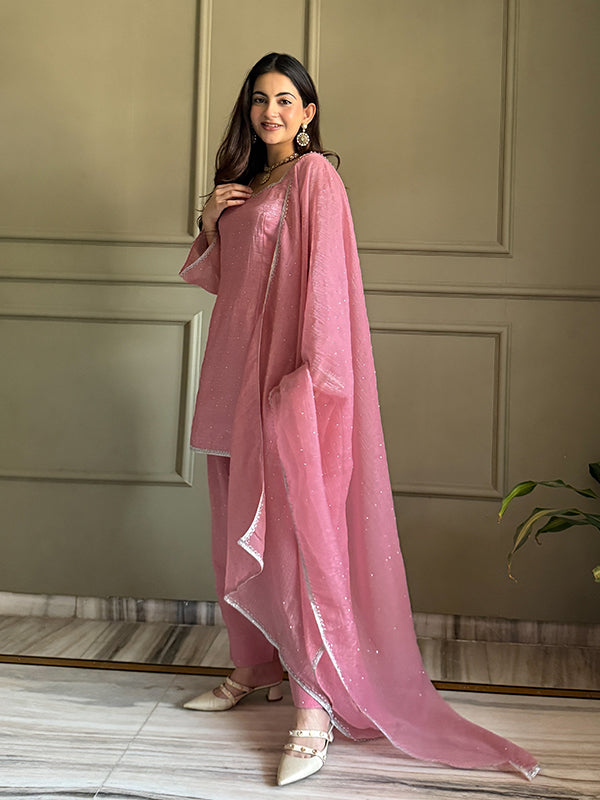 Pink Siroski Work Crunchy Silk Farshi Salwar Suit