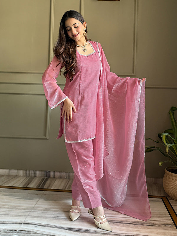 Pink Siroski Work Crunchy Silk Farshi Salwar Suit