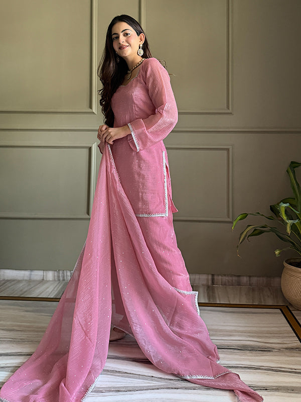 Pink Siroski Work Crunchy Silk Farshi Salwar Suit