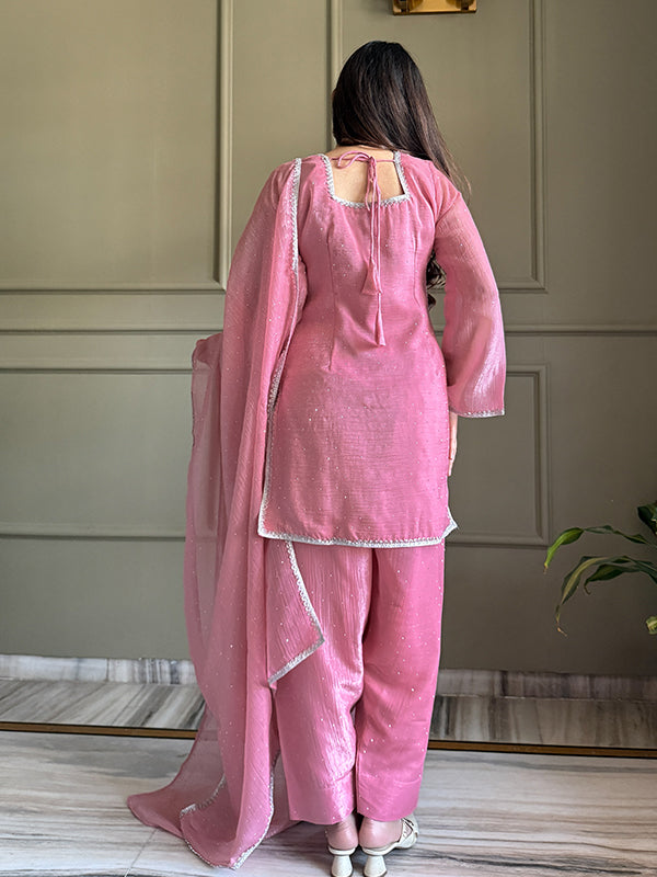Pink Siroski Work Crunchy Silk Farshi Salwar Suit