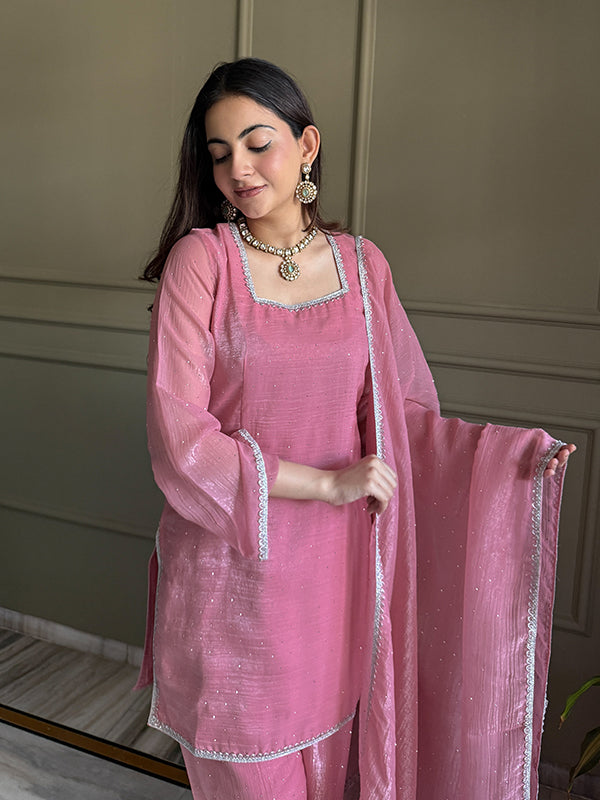 Pink Siroski Work Crunchy Silk Farshi Salwar Suit