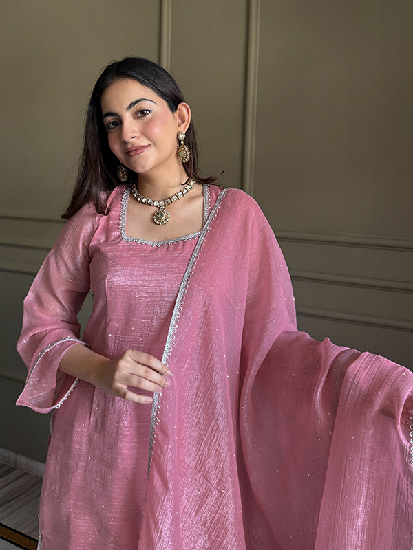 Pink Siroski Work Crunchy Silk Farshi Salwar Suit