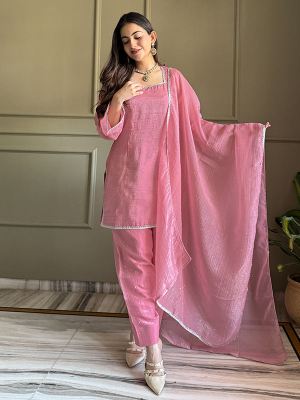 Pink Siroski Work Crunchy Silk Farshi Salwar Suit