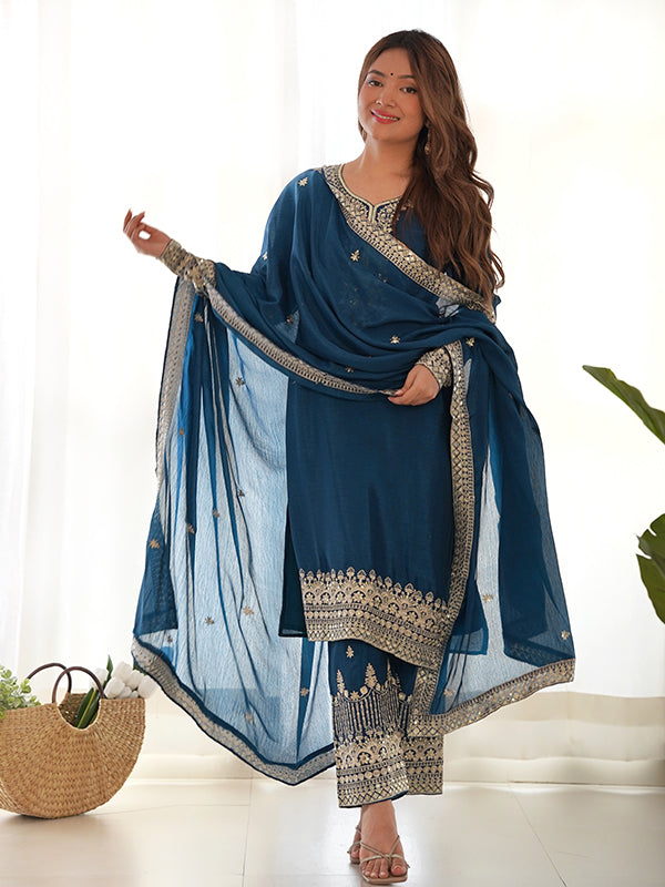 Blue Embroidery Sequence Work Straight Chinon Silk Kurti Pant & Dupatta