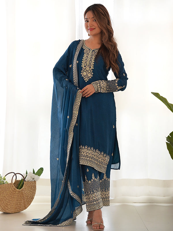 Blue Embroidery Sequence Work Straight Chinon Silk Kurti Pant & Dupatta
