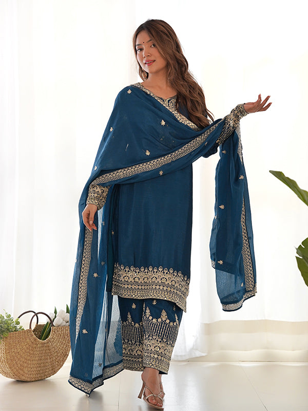 Blue Embroidery Sequence Work Straight Chinon Silk Kurti Pant & Dupatta