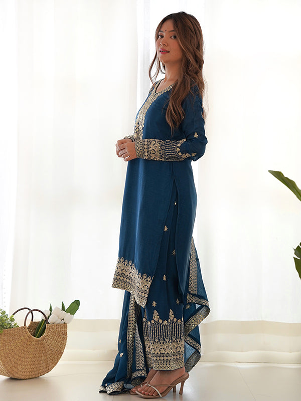Blue Embroidery Sequence Work Straight Chinon Silk Kurti Pant & Dupatta