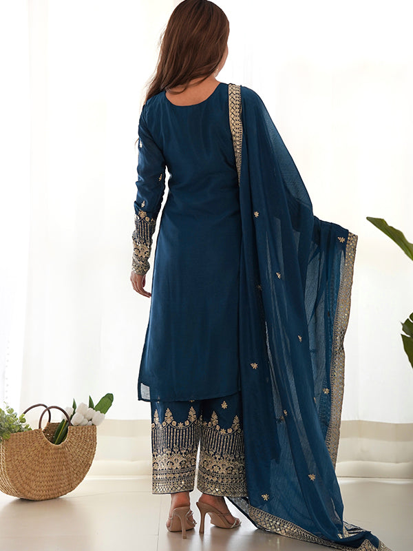 Blue Embroidery Sequence Work Straight Chinon Silk Kurti Pant & Dupatta