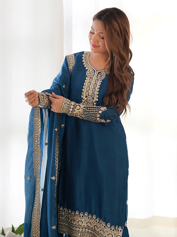 Blue Embroidery Sequence Work Straight Chinon Silk Kurti Pant & Dupatta