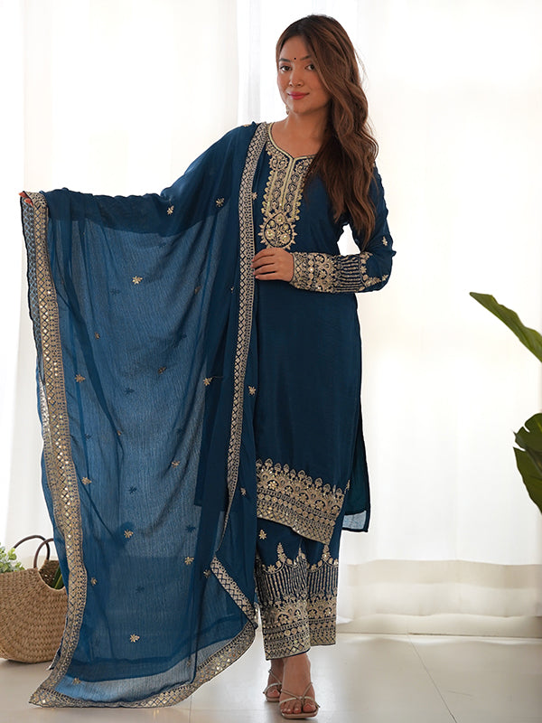 Blue Embroidery Sequence Work Straight Chinon Silk Kurti Pant & Dupatta