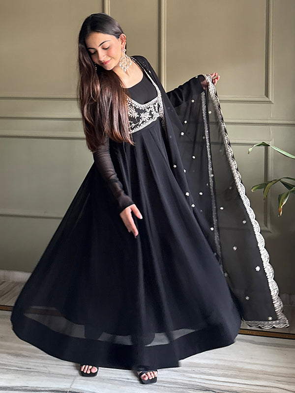 Black Fox Georgette Anarkali Gown Dupatta With Embroidery Sequence Work Jacket