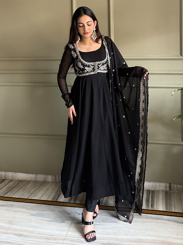 Black Fox Georgette Anarkali Gown Dupatta With Embroidery Sequence Work Jacket