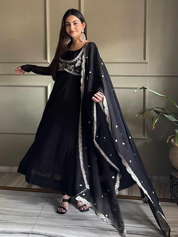 Black Fox Georgette Anarkali Gown Dupatta With Embroidery Sequence Work Jacket