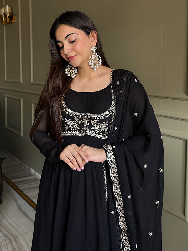 Black Fox Georgette Anarkali Gown Dupatta With Embroidery Sequence Work Jacket