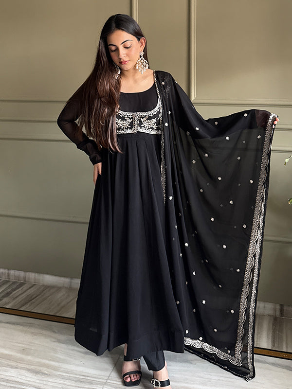 Black Fox Georgette Anarkali Gown Dupatta With Embroidery Sequence Work Jacket