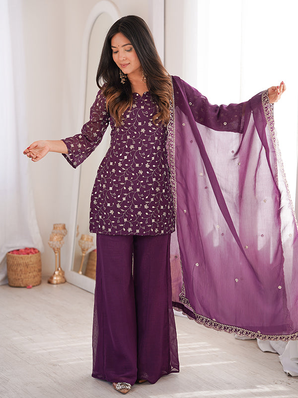 Purple Jari Work Crunchy Silk Top & Bell Bottom Pant With Dupatta