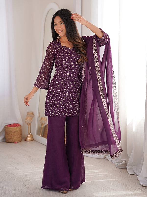 Purple Jari Work Crunchy Silk Top & Bell Bottom Pant With Dupatta