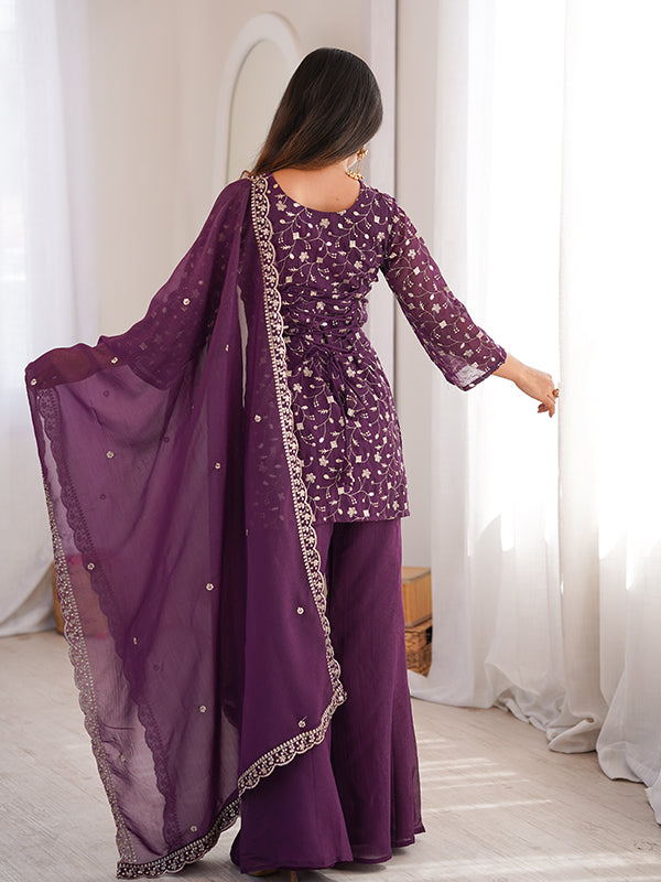 Purple Jari Work Crunchy Silk Top & Bell Bottom Pant With Dupatta