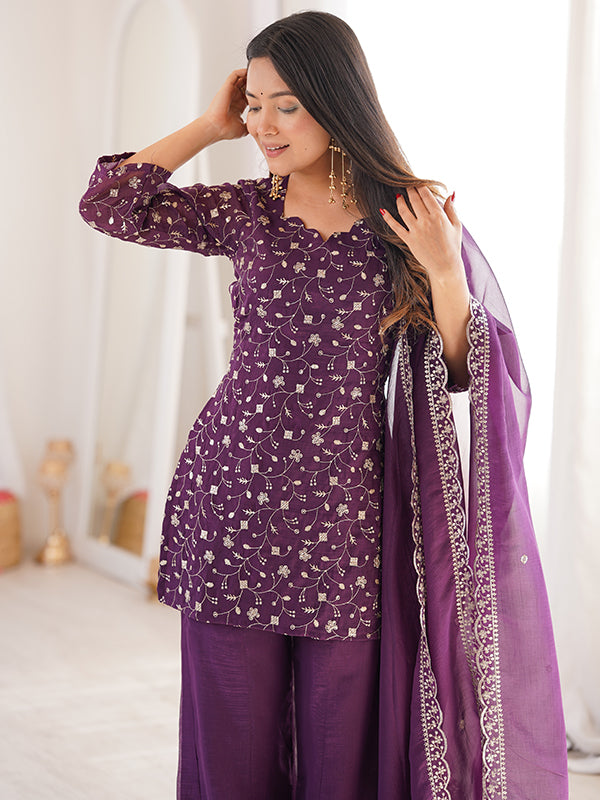 Purple Jari Work Crunchy Silk Top & Bell Bottom Pant With Dupatta