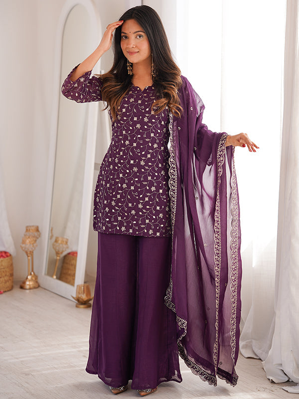 Purple Jari Work Crunchy Silk Top & Bell Bottom Pant With Dupatta