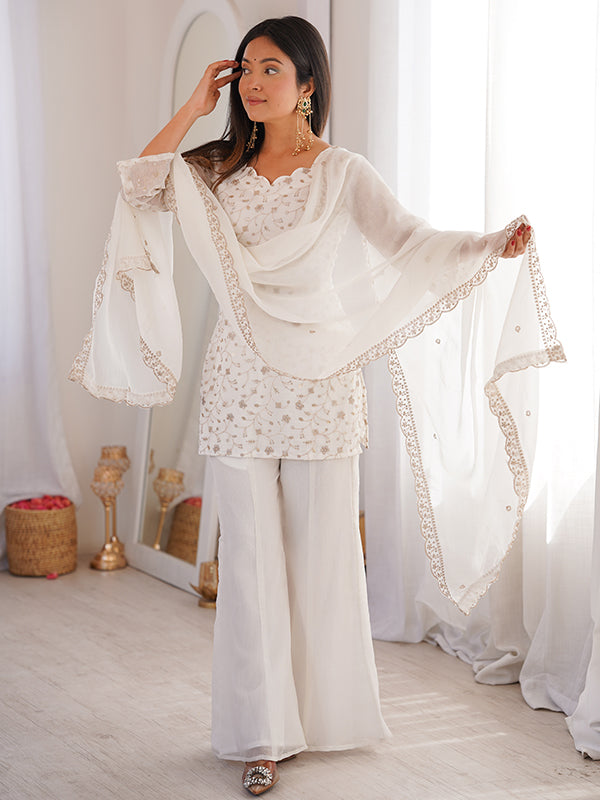 White Jari Work Crunchy Silk Top & Bell Bottom Pant With Dupatta